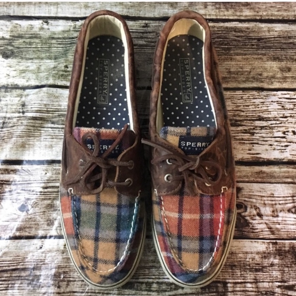 Sperry- Topsiders- plaid flannel boat shoes -Sz 10